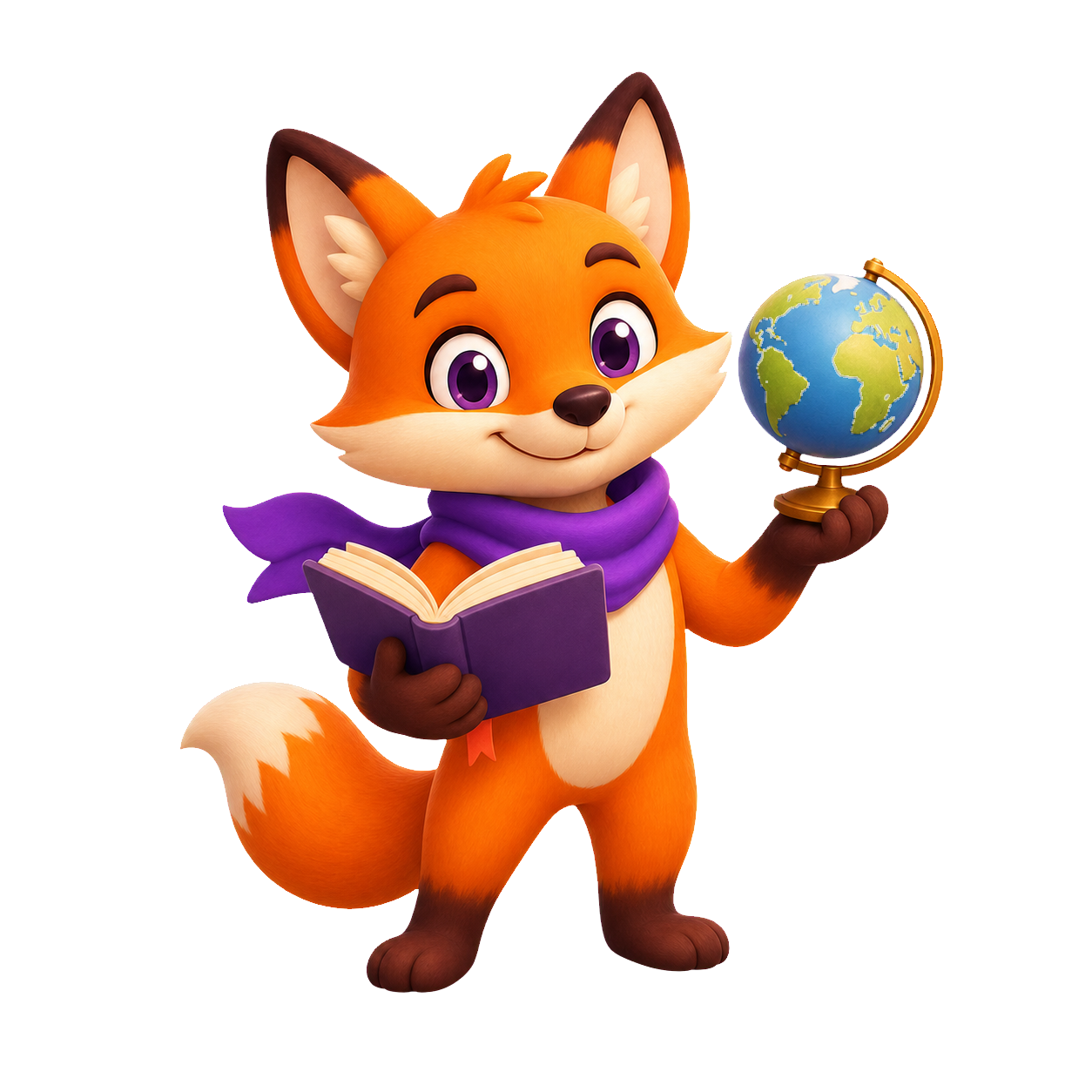 NymFox fox mascot with a book and globe for language names on the French Name Generator page